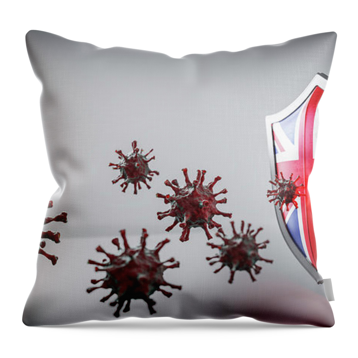 Shield Throw Pillow featuring the photograph Shield in UK flag protect from coronavirus COVID-19. by Michal Bednarek