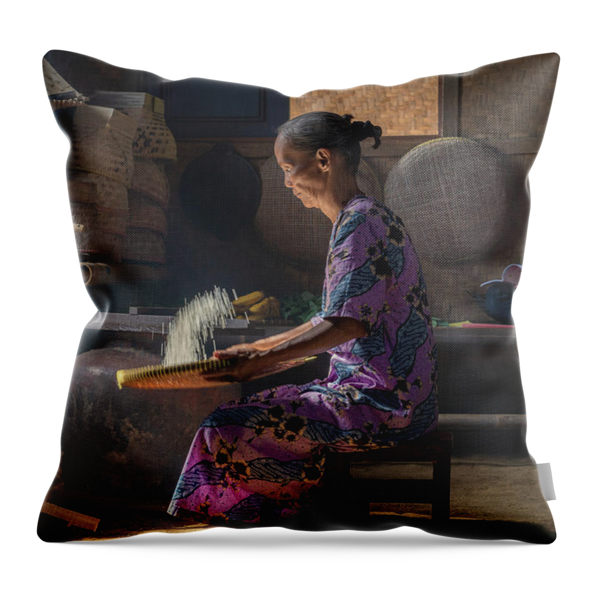 Woman Throw Pillow featuring the photograph Shifting the rice by Anges Van der Logt
