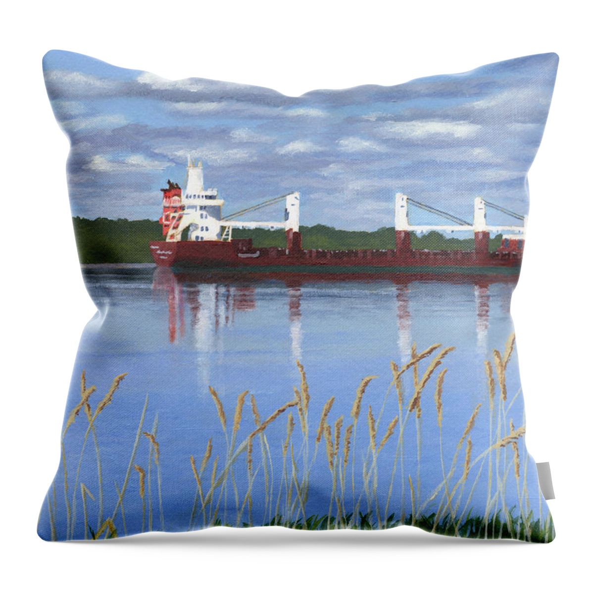 St. Lawrence River Throw Pillow featuring the painting Ship on the St. Lawrence by Lynne Reichhart