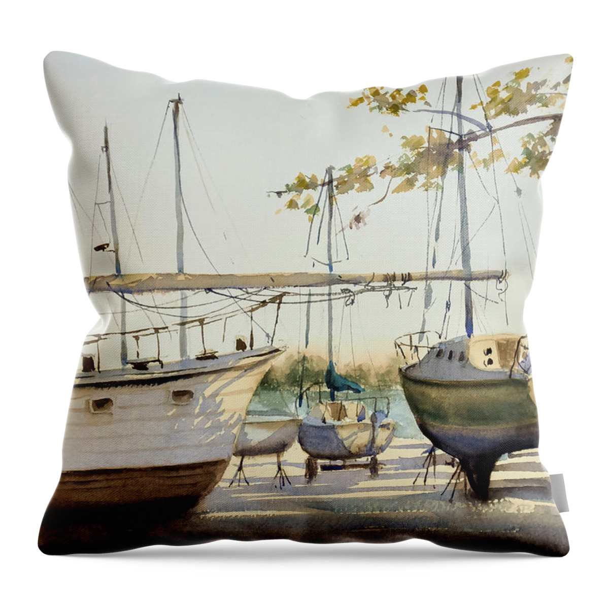 Elizabeth City Throw Pillow featuring the painting Shipyard morning by Tesh Parekh