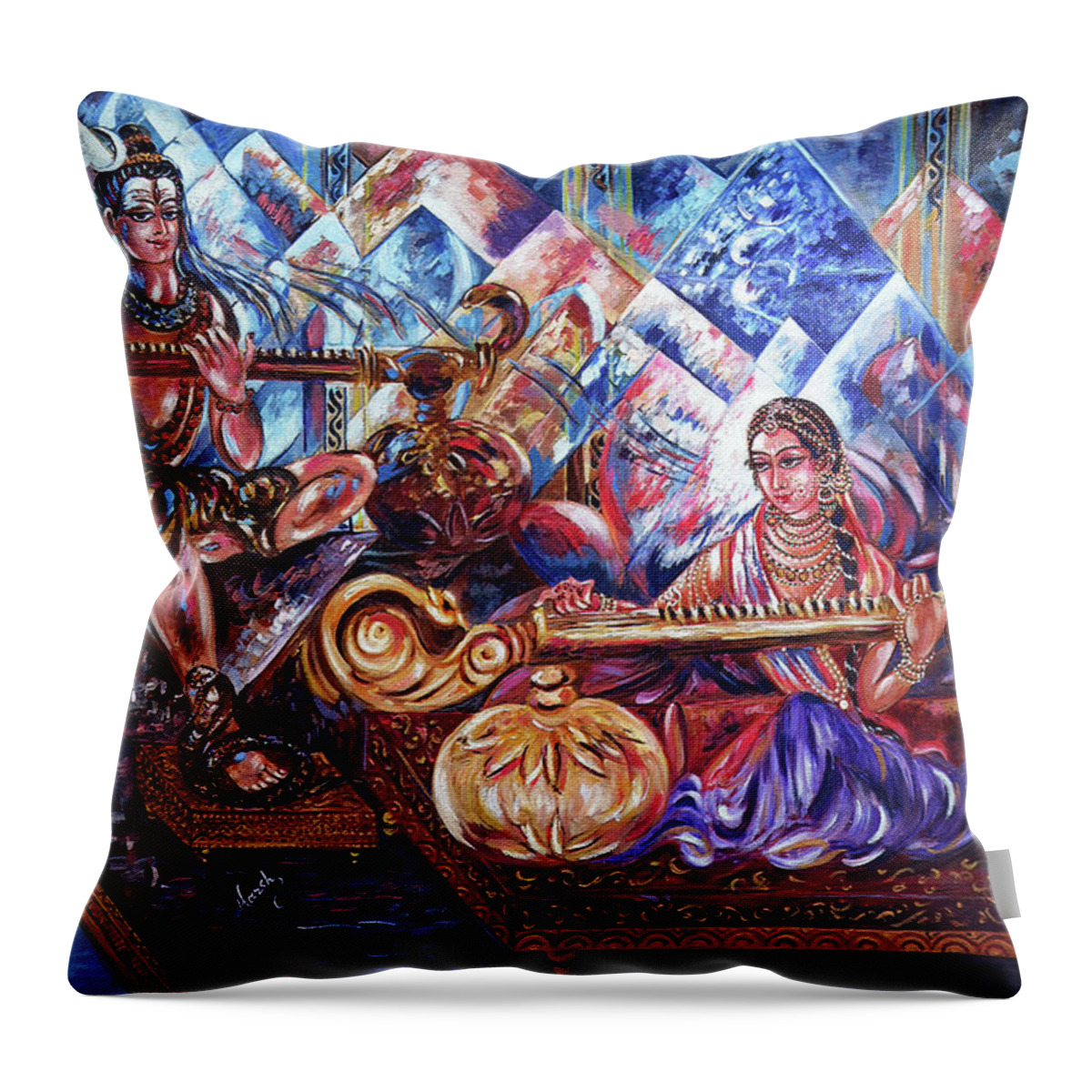 Shiva Throw Pillow featuring the painting Shiva Parvati by Harsh Malik