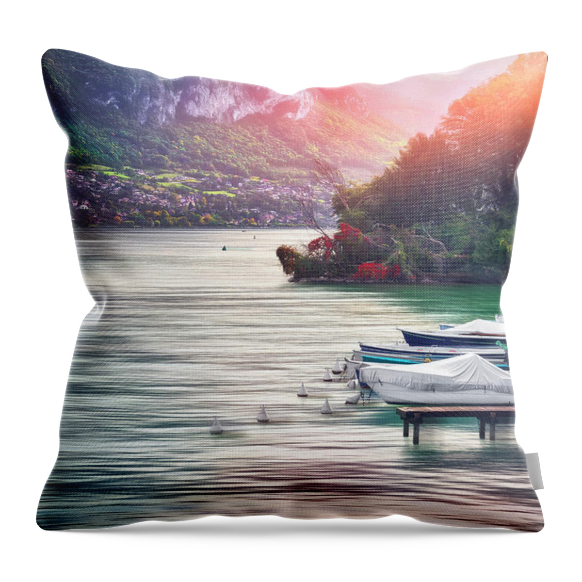 Annecy Throw Pillow featuring the photograph Shores of Lake Annecy France by Carol Japp