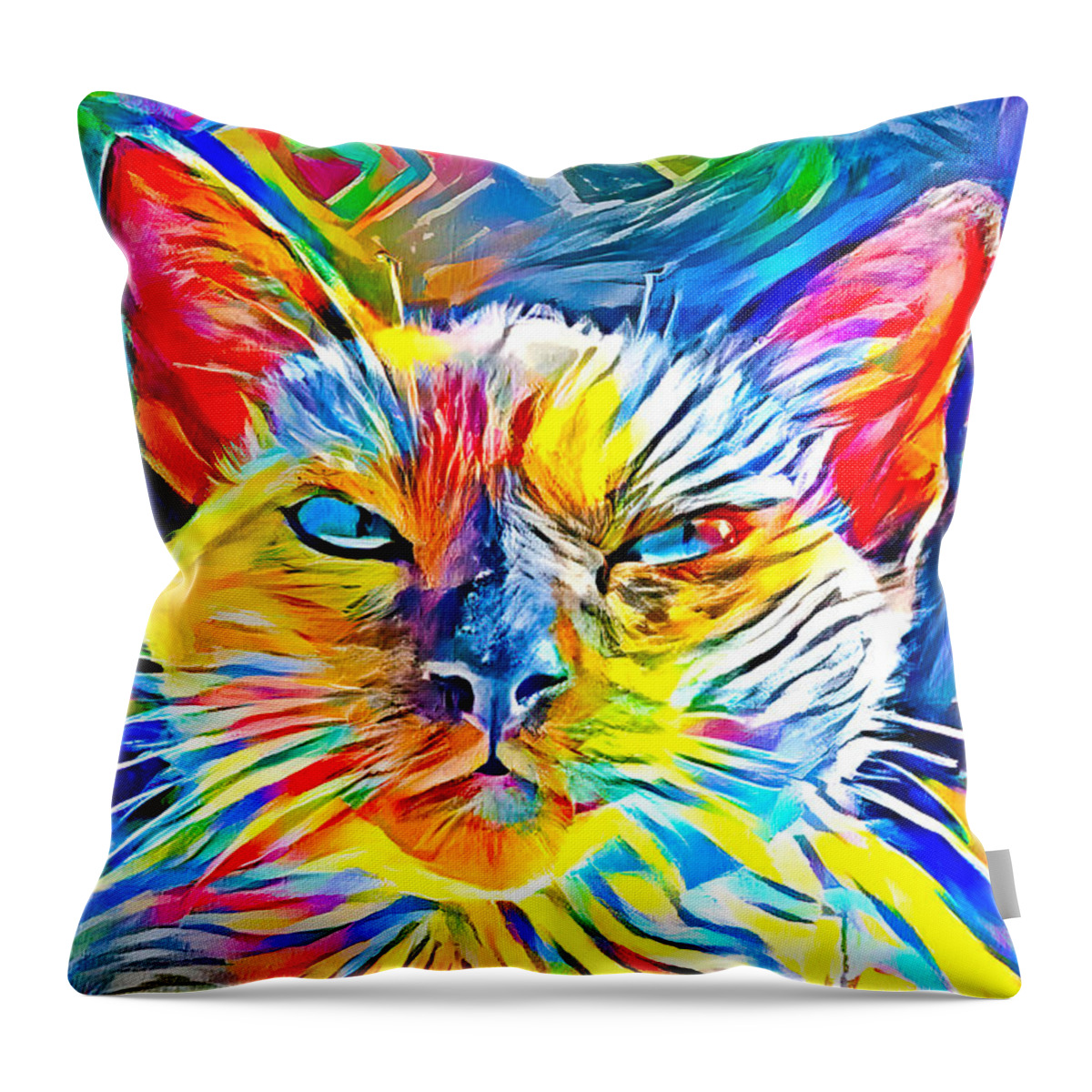 Siamese Cat Throw Pillow featuring the digital art Siamese cat face in the sun - colorful zebra pattern painting by Nicko Prints