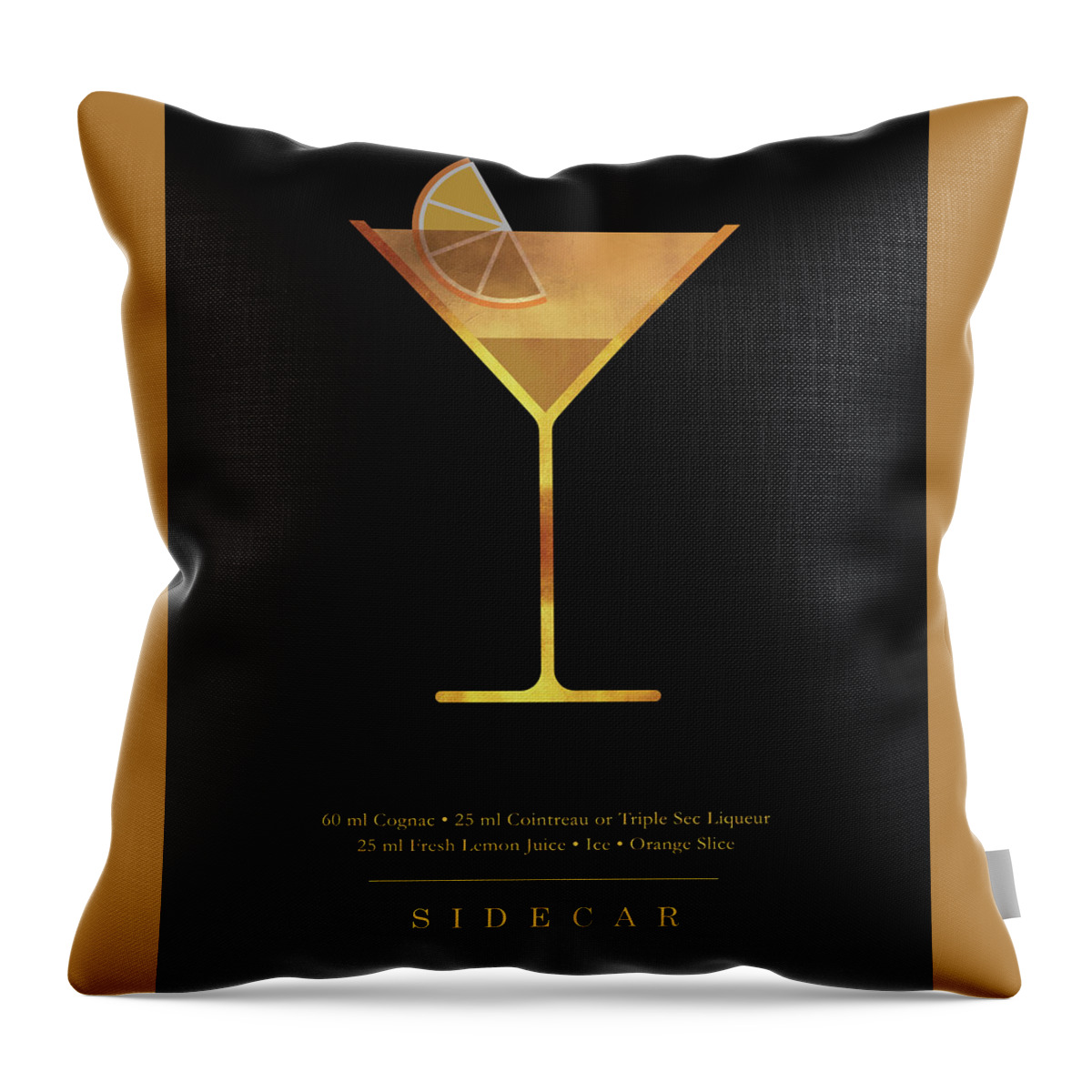 Sidecar Throw Pillow featuring the digital art Sidecar Cocktail - Classic Cocktail Print - Black and Gold - Modern, Minimal Lounge Art by Studio Grafiikka