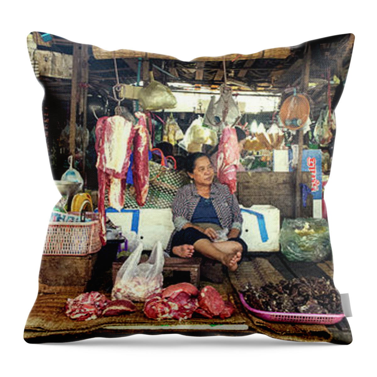 Panoramic Throw Pillow featuring the photograph Siem Reap street market meat stall cambodia by Sonny Ryse