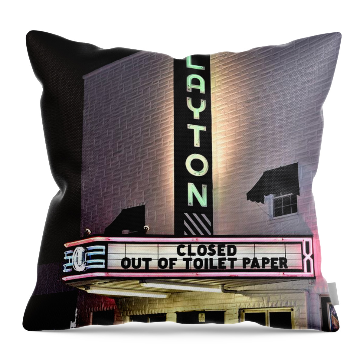 Clayton Theater Throw Pillow featuring the photograph Sign of the Times by Kim Bemis