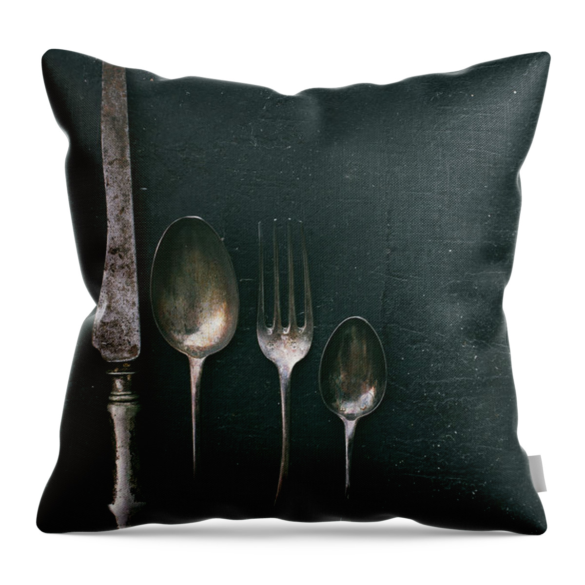 Cutlery Throw Pillow featuring the photograph Silverware on black rustic background by Jelena Jovanovic