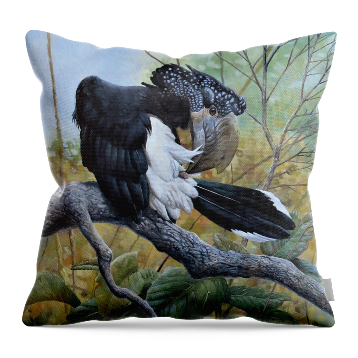 Silvery-cheeked Hornbill Throw Pillow featuring the painting Silvery-cheeked Hornbill Preening by Barry Kent MacKay