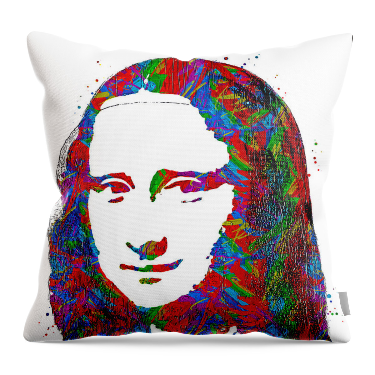 Mona Lisa Throw Pillow featuring the digital art Simple Mona Lisa colorful portrait with greens, reds and blues on white background by Nicko Prints