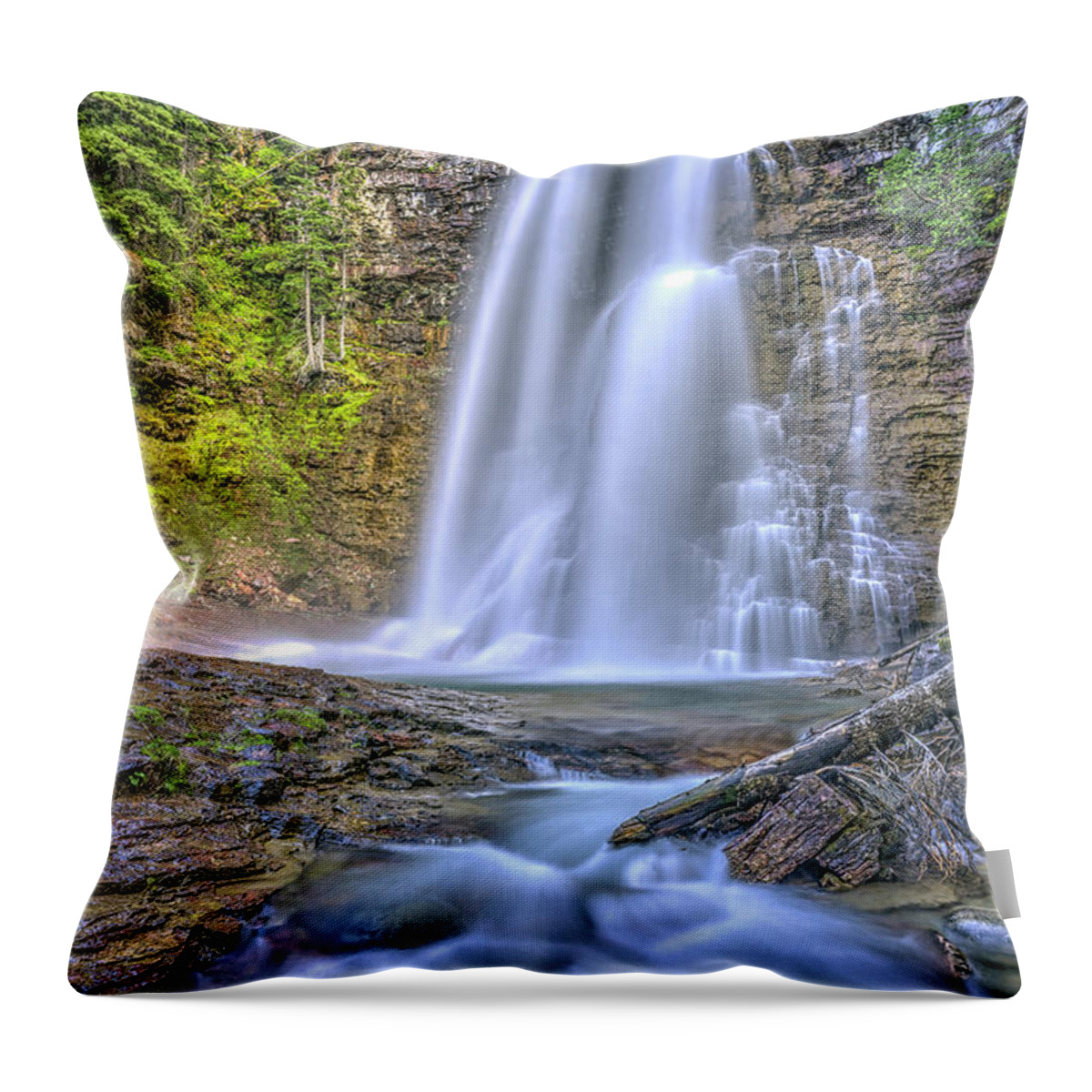 The Powerful And Towering Cascading Virginia Falls At Glacier Na Throw Pillow featuring the photograph Simplest things can turn out to be amazing by Carolyn Hall