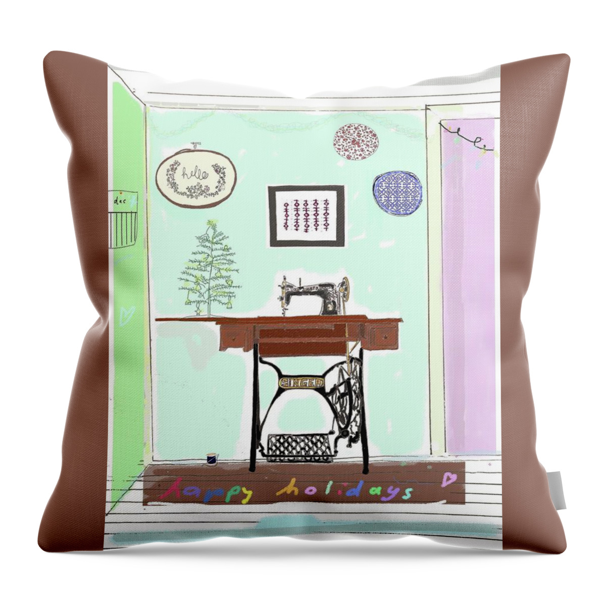 Holidays Throw Pillow featuring the drawing Singer Sewing Machine Holidays by Ashley Rice