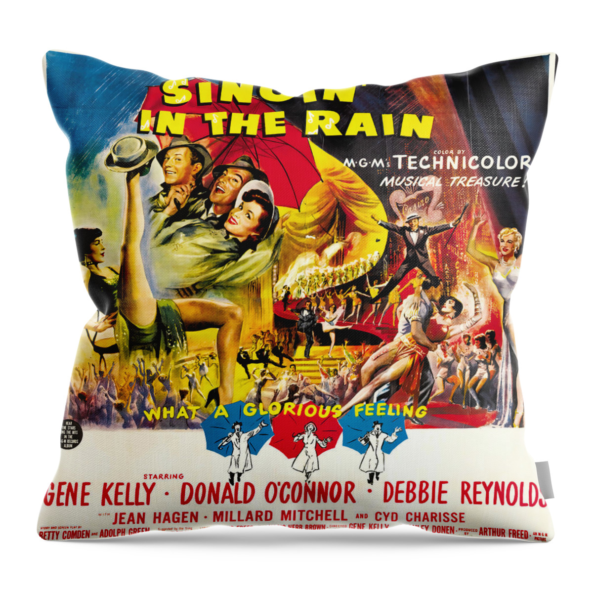 Singin Throw Pillow featuring the mixed media ''Singin' in the Rain'', with Gene Kelly, 1952 #1 by Movie World Posters