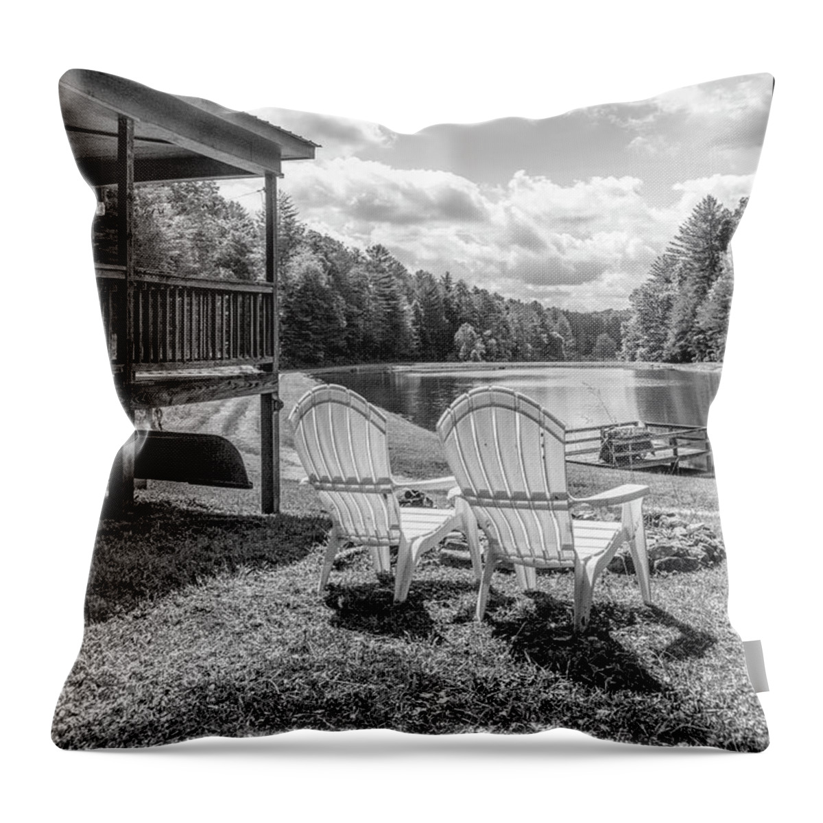Black Throw Pillow featuring the photograph Sitting in Sunshine at the Lake Black and White by Debra and Dave Vanderlaan