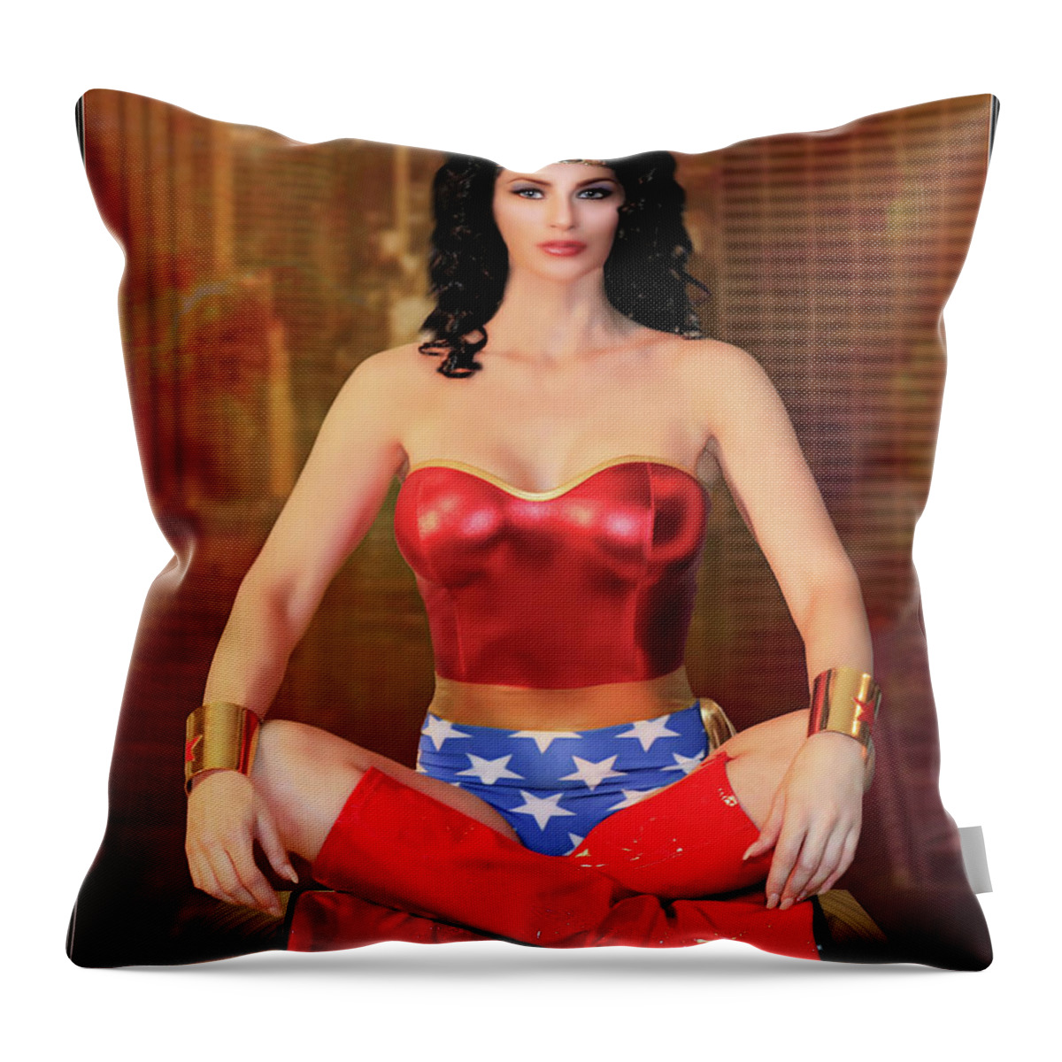 Cosplay Throw Pillow featuring the photograph Sitting Wonder Woman by Jon Volden
