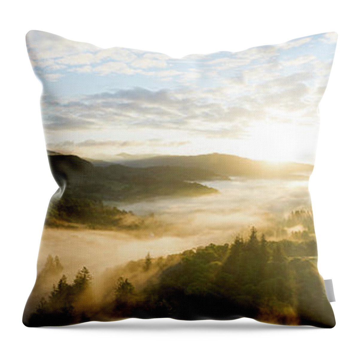 Panorama Throw Pillow featuring the photograph Skelwith Bridge and Loughrigg Aerial. Sunrise Lake District England by Sonny Ryse