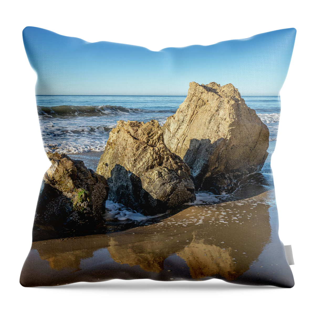 Santa Barbara Ca California Seascape Colorful Morning Light Ocean Shore Waves Surf Sand Rocks Striking Boulders Throw Pillow featuring the photograph Skinny Dippers SS by Perry Hambright