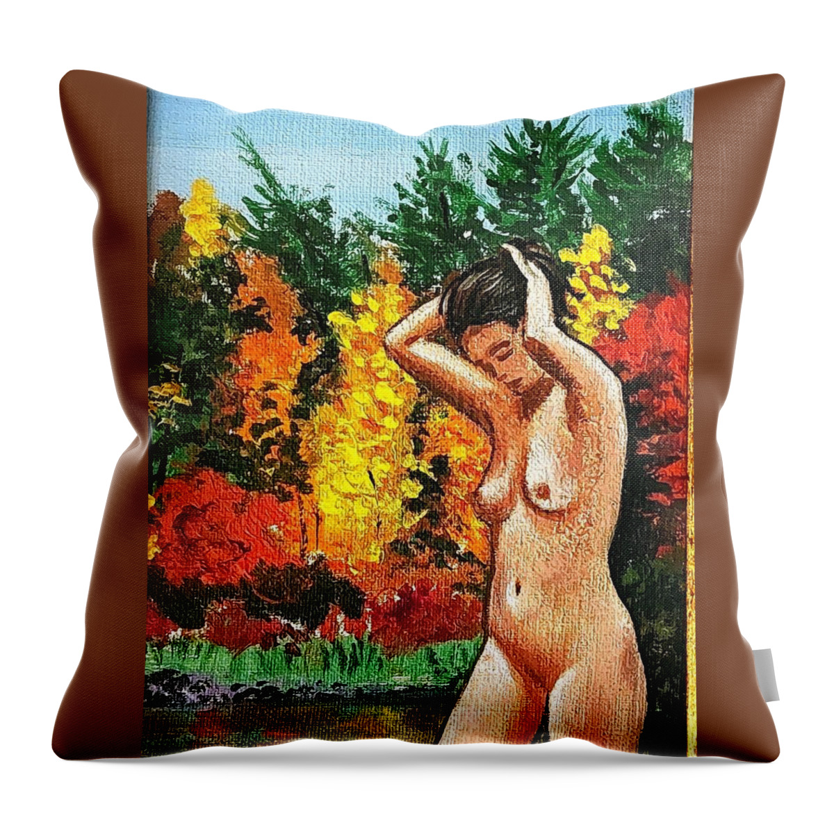  Throw Pillow featuring the painting Skinny Dipping in Walden pond by James RODERICK