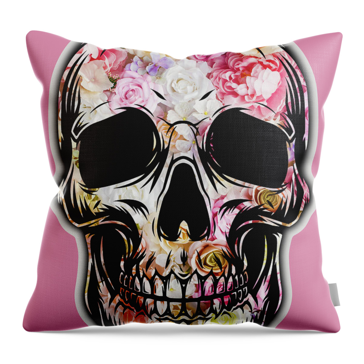 Skull Throw Pillow featuring the painting Skull Flowers Floral by Tony Rubino