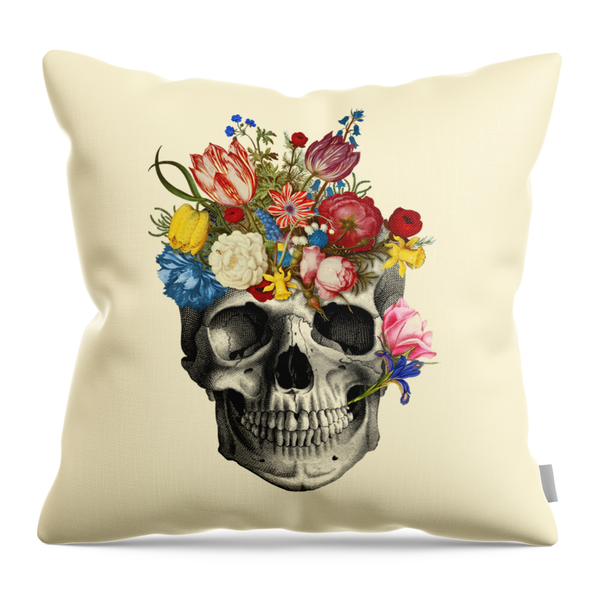 Skull Throw Pillow featuring the digital art Skull with flowers by Madame Memento
