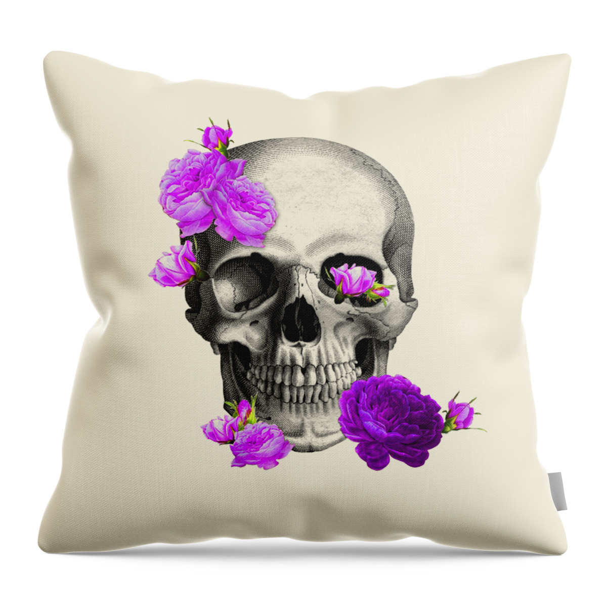 Skull Throw Pillow featuring the digital art Skull with purple roses by Madame Memento