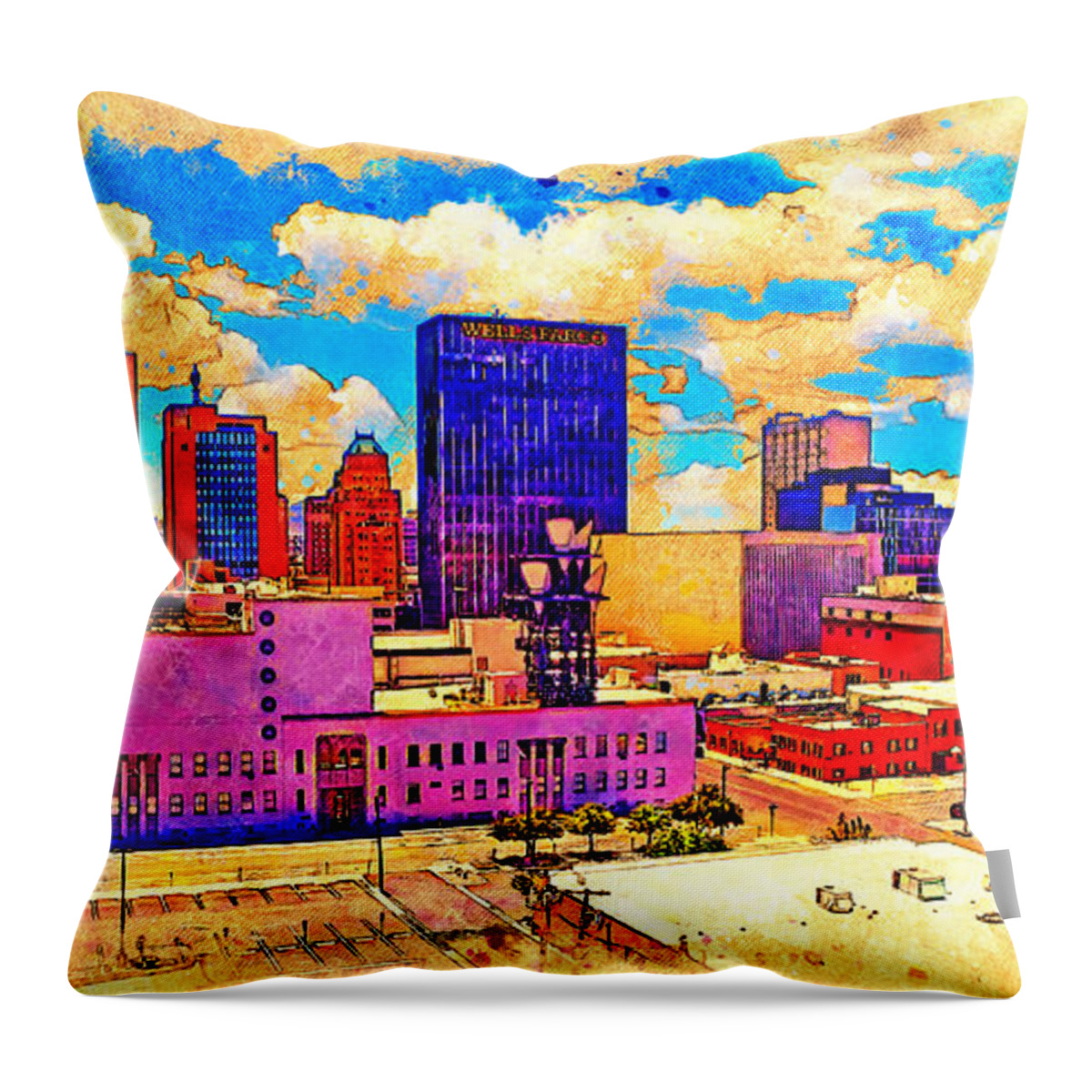 El Paso Throw Pillow featuring the digital art Skyline of Downtown El Paso, Texas, digital painting with vintage look by Nicko Prints