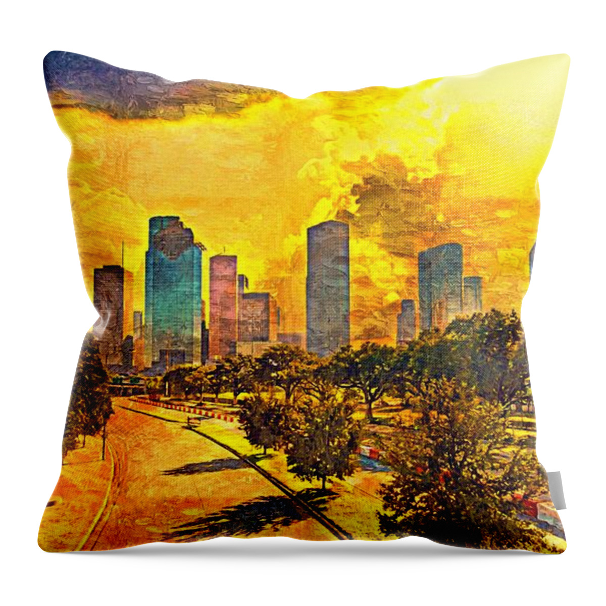 Houston Throw Pillow featuring the digital art Skyline of downtown Houston, Texas, at sunset - impasto oil painting by Nicko Prints