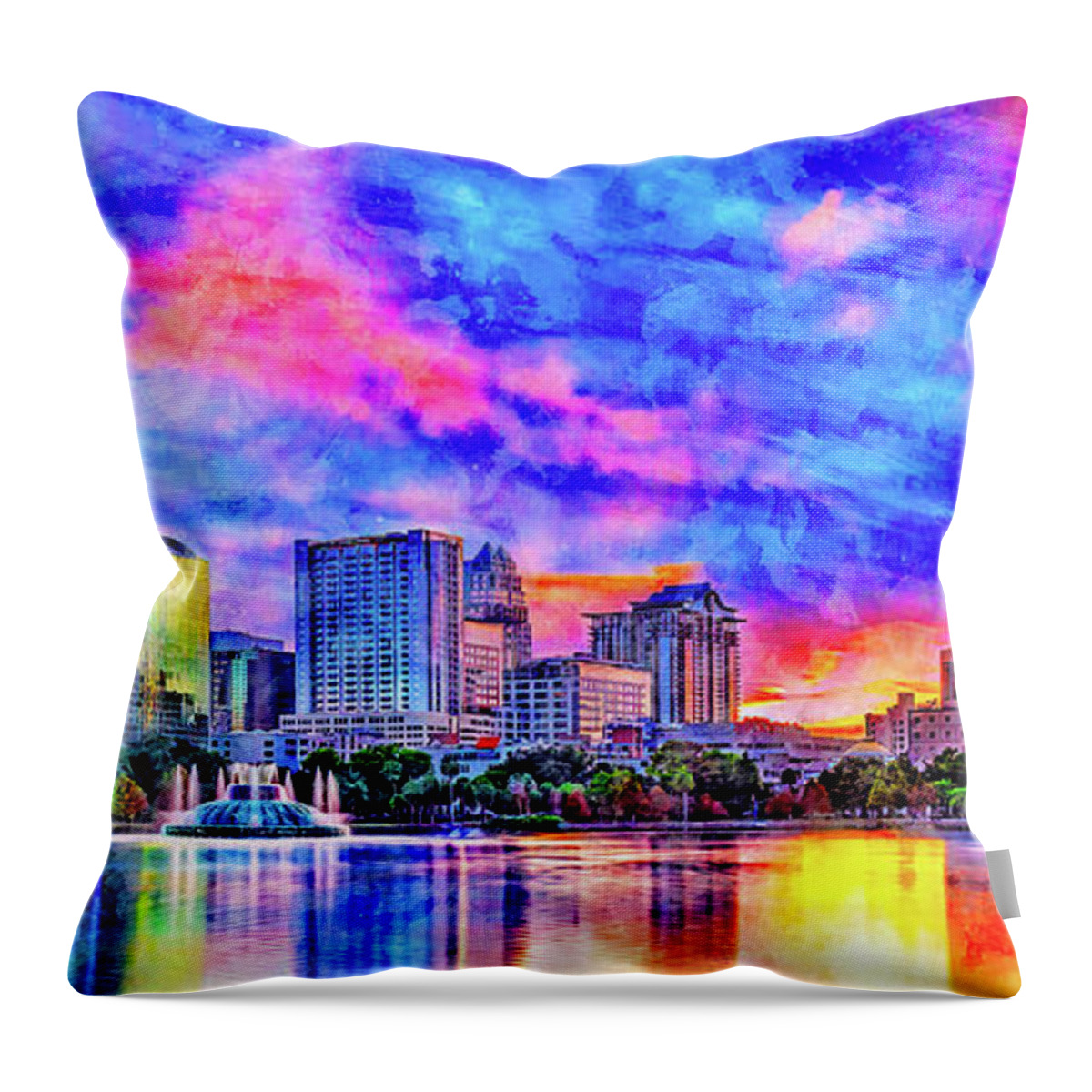 Downtown Orlando Throw Pillow featuring the digital art Skyline of downtown Orlando, Florida, seen at sunset from lake Eola - ink and watercolor by Nicko Prints