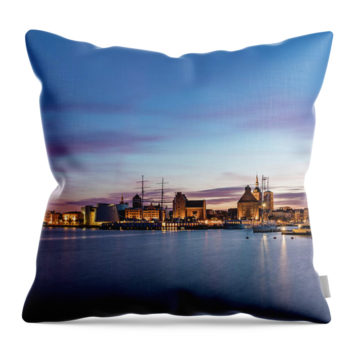 Europe Throw Pillow featuring the photograph Skyline of Stralsund at night - Germany by Werner Dieterich