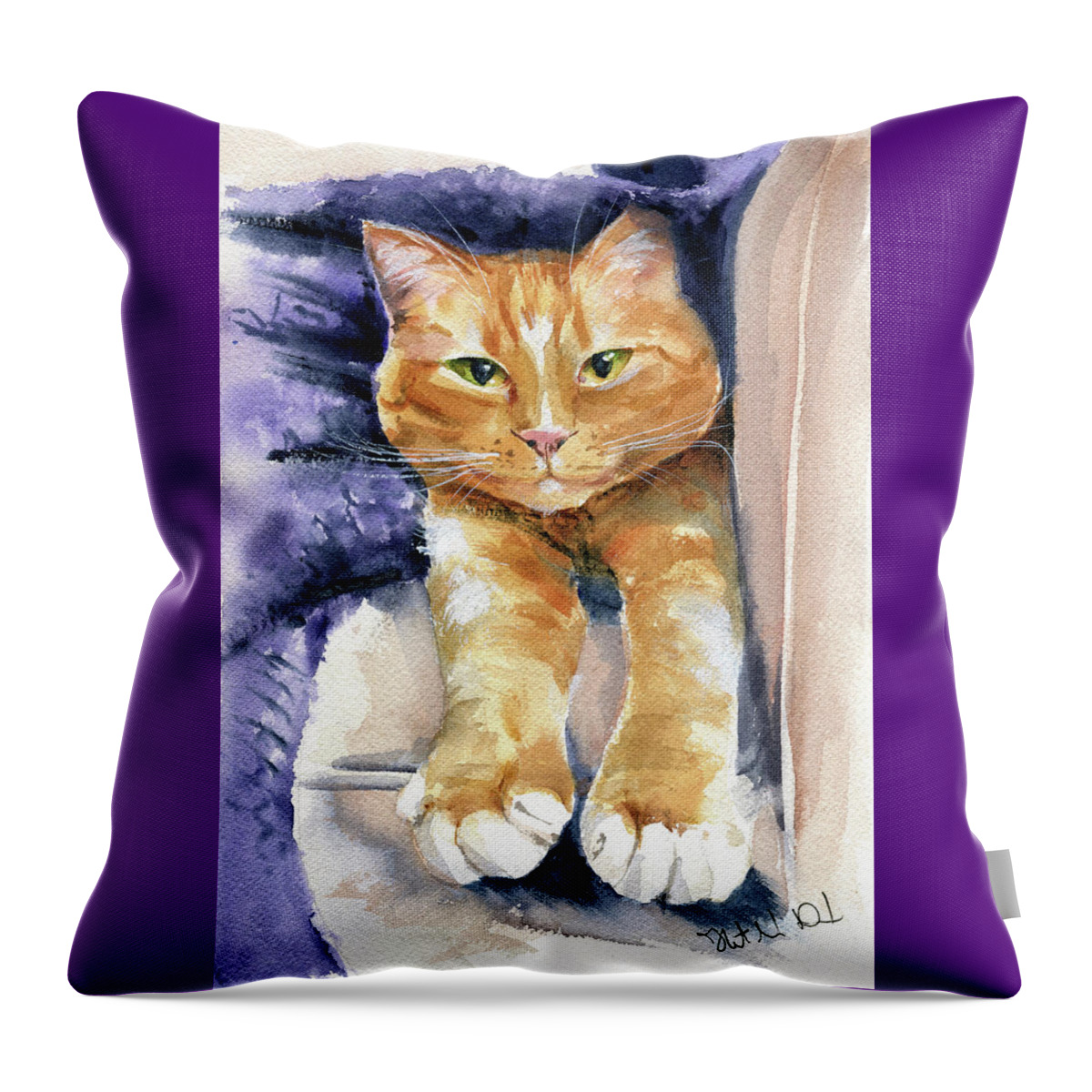 Sleepy Kitten Throw Pillow featuring the painting Sleepy Ginger Kitty Painting by Dora Hathazi Mendes