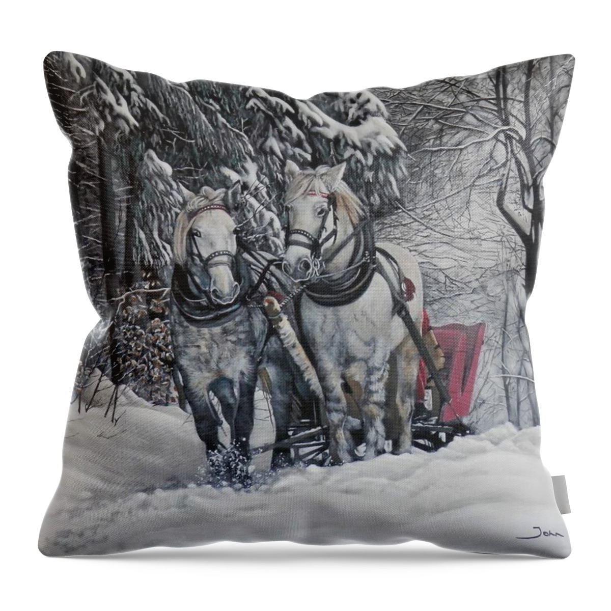 Christmas Throw Pillow featuring the painting Sleigh Ride by John Neeve