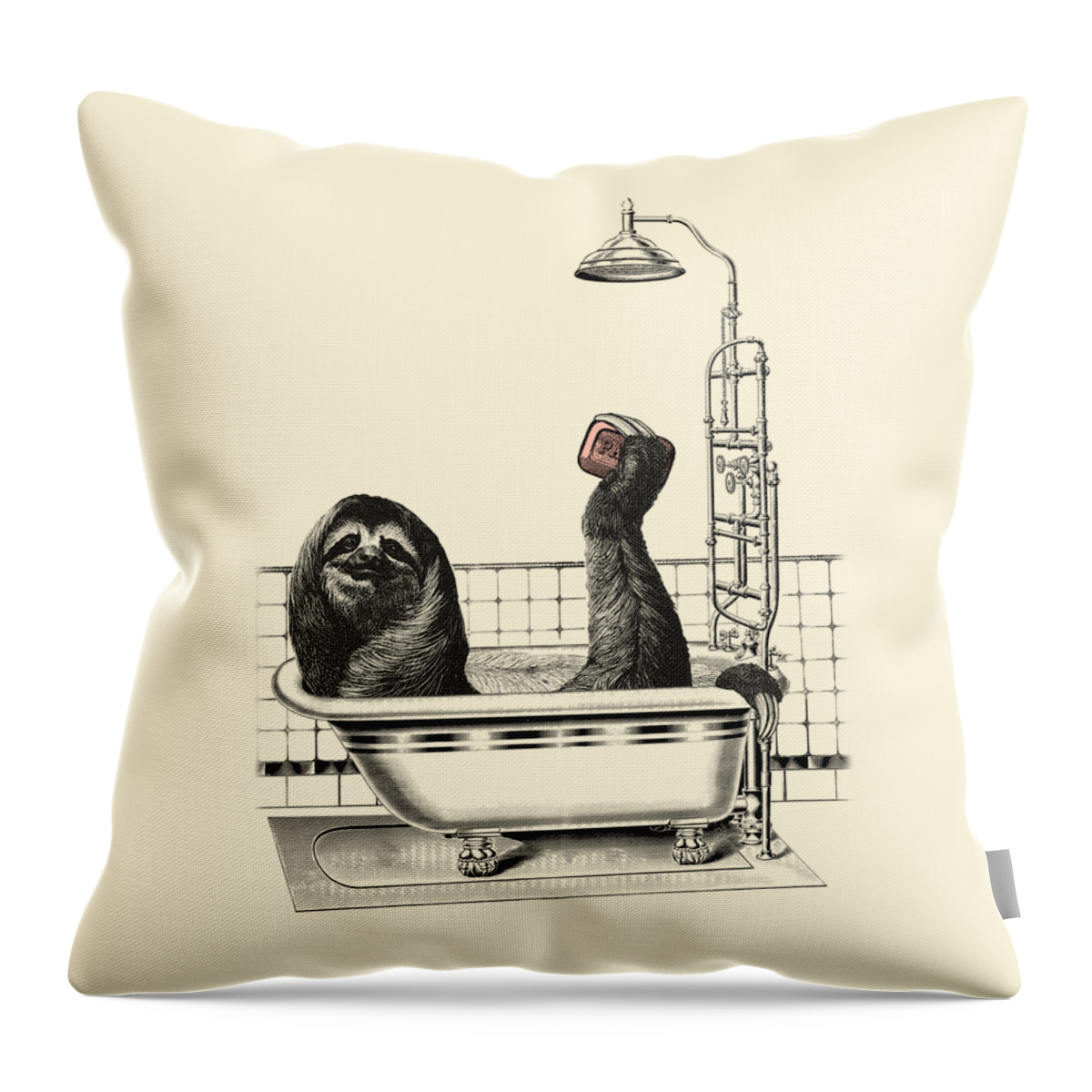 Sloth Throw Pillow featuring the digital art Sloth in bathtub taking a shower by Madame Memento
