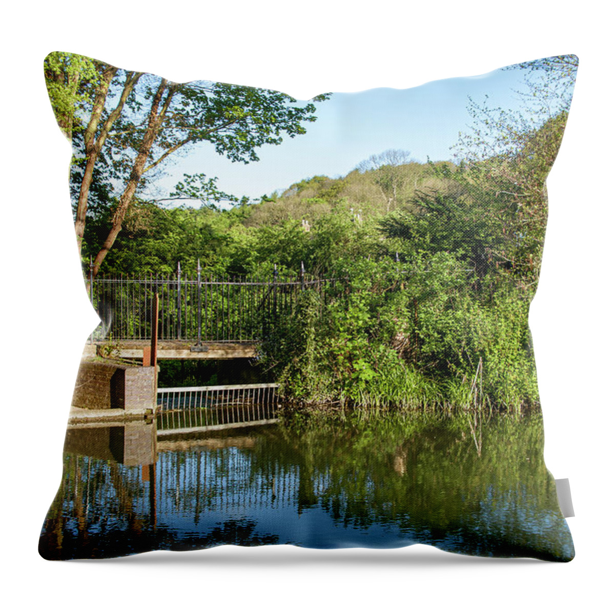 Sluice Throw Pillow featuring the photograph Sluice gate on a tranquil pool by Average Images