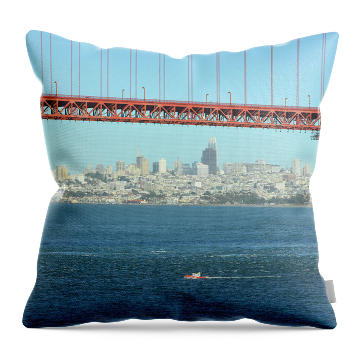 Golden Gate Bridge Throw Pillow featuring the photograph Small Boat and San Francisco Skyline under the Golden Gate Bridge by Shawn O'Brien
