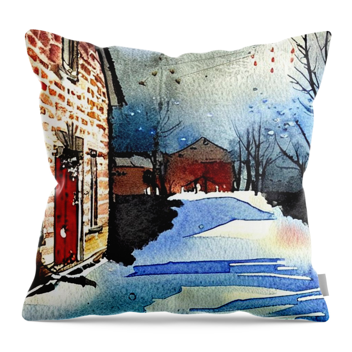 Waterloo Village Throw Pillow featuring the painting Smith's Store Waterloo Village, Morris Canal, In Winter by Christopher Lotito