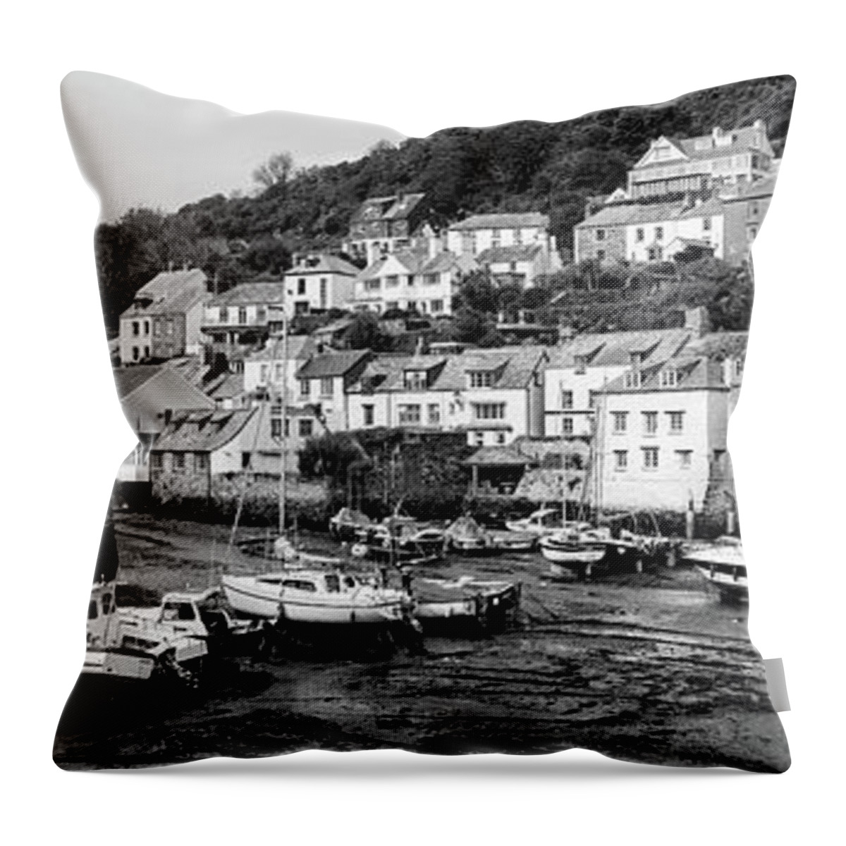 Coast Throw Pillow featuring the photograph Smugglers Cove Polperro Fishing Harbour Black and White 3 by Sonny Ryse