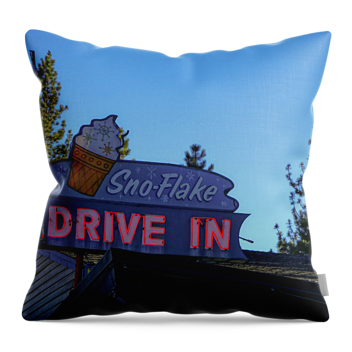 Neon Throw Pillow featuring the photograph Sno-Flake Drive In at Dusk by Matthew Bamberg