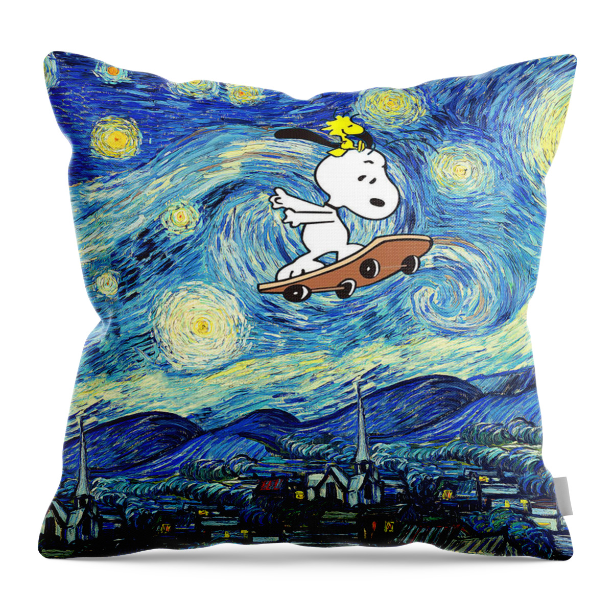 Snoopy -starry Night - Starry Night Van Gogh Throw Pillow featuring the digital art Snoopy -Starry Night by Linyan Chen