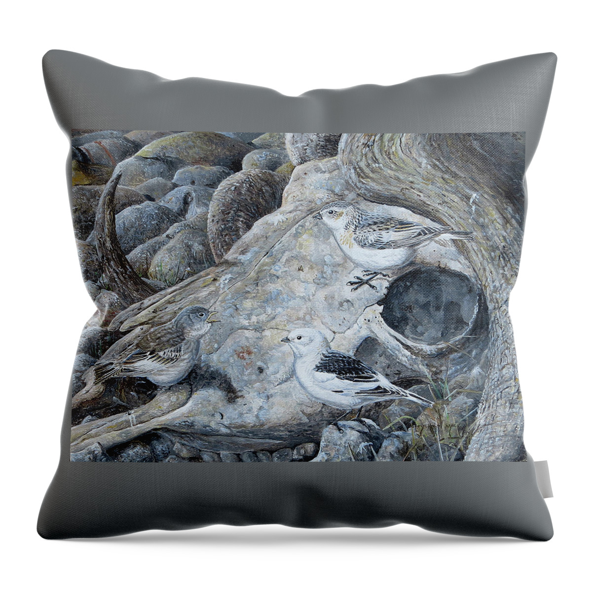 Barry Kent Mackay Throw Pillow featuring the painting Snow Buntings with Young by Barry Kent MacKay