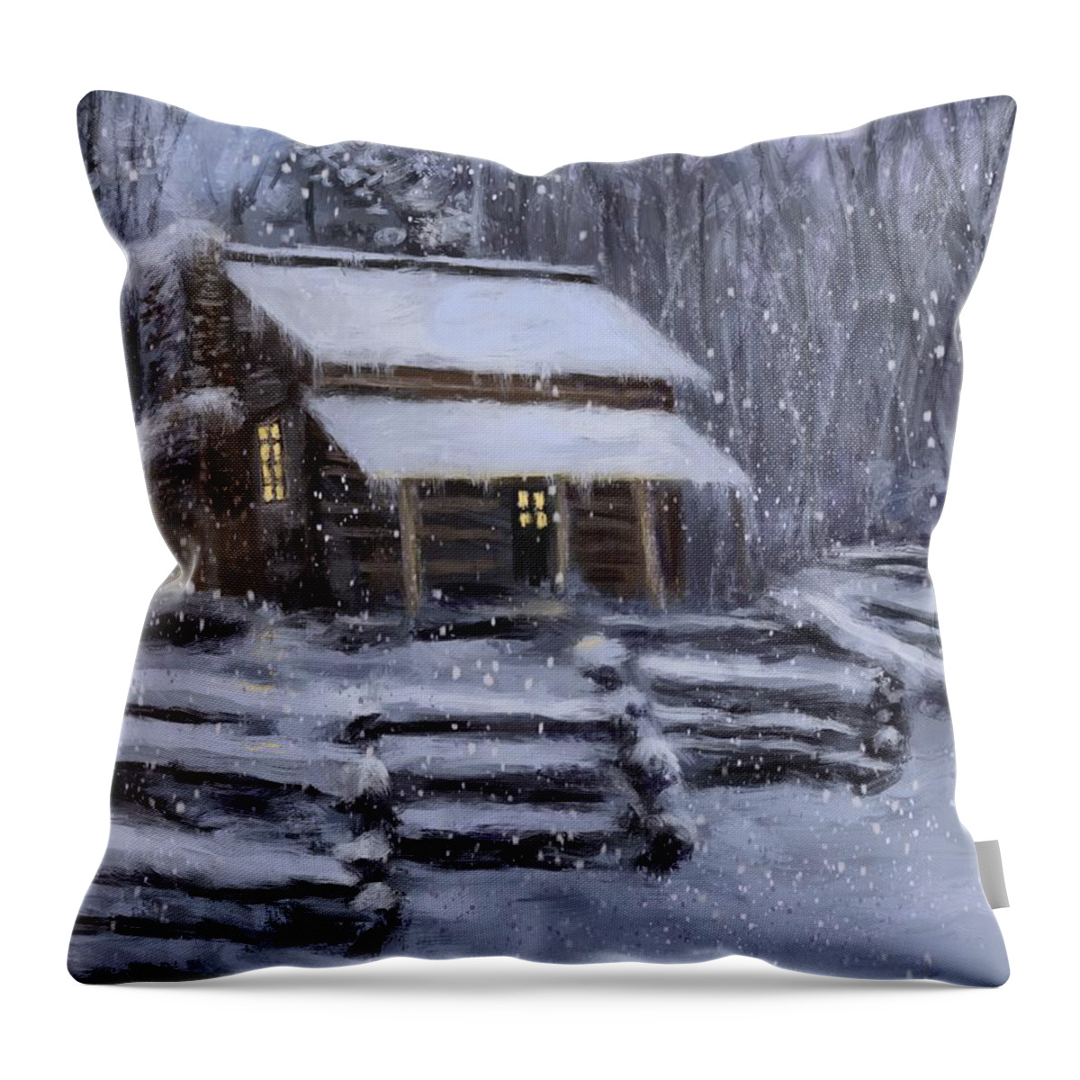 Cabin Throw Pillow featuring the painting Snow Cabin by Larry Whitler
