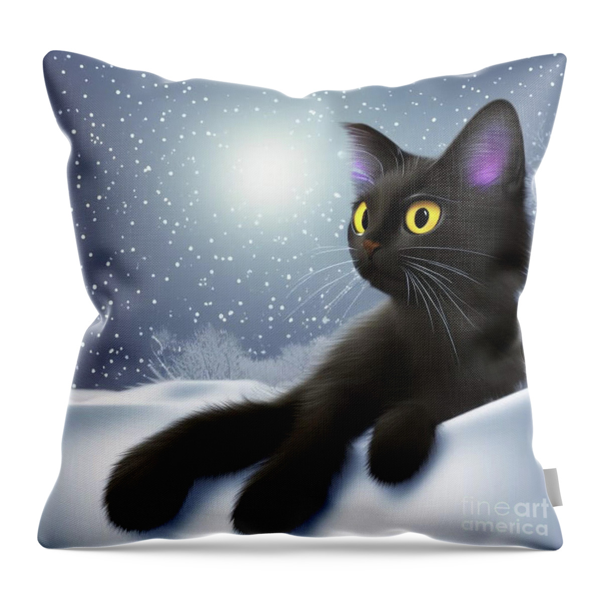Snow; Kitty; Cat; Black Cat; Moon; Snowbank; Digital Art; Square; Children's Art; Throw Pillow featuring the digital art Snow Kitty by Tina Uihlein