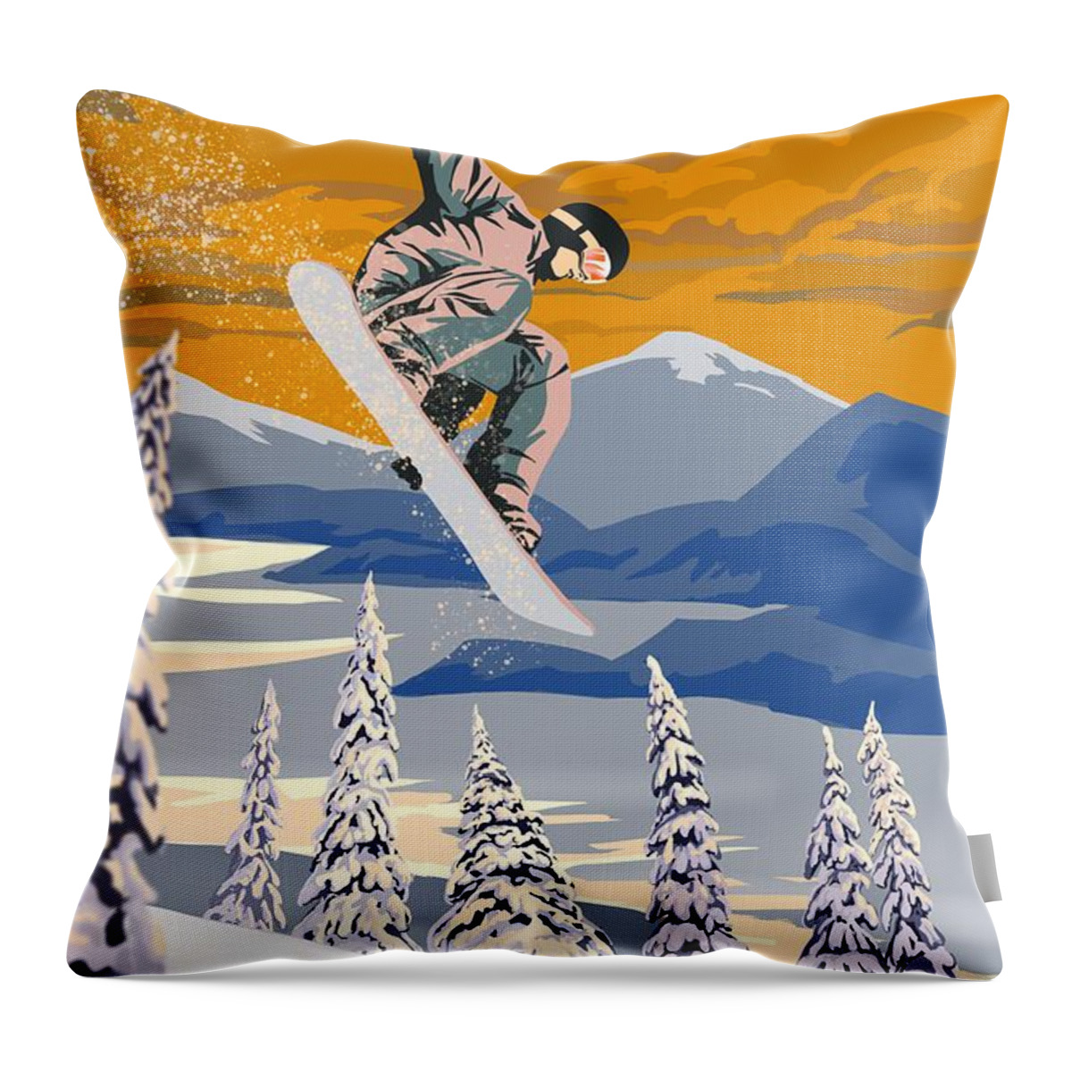 Snowboard Throw Pillow featuring the painting Snowboarder Air by Sassan Filsoof