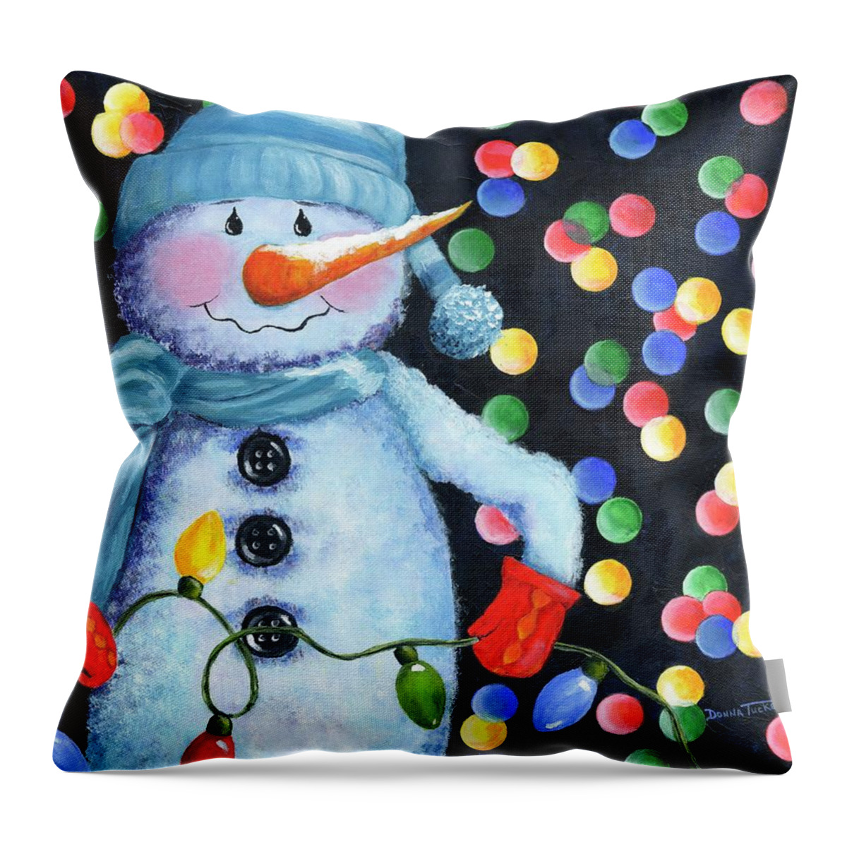 Snowman Throw Pillow featuring the painting Snowie with Twinkling Lights by Donna Tucker