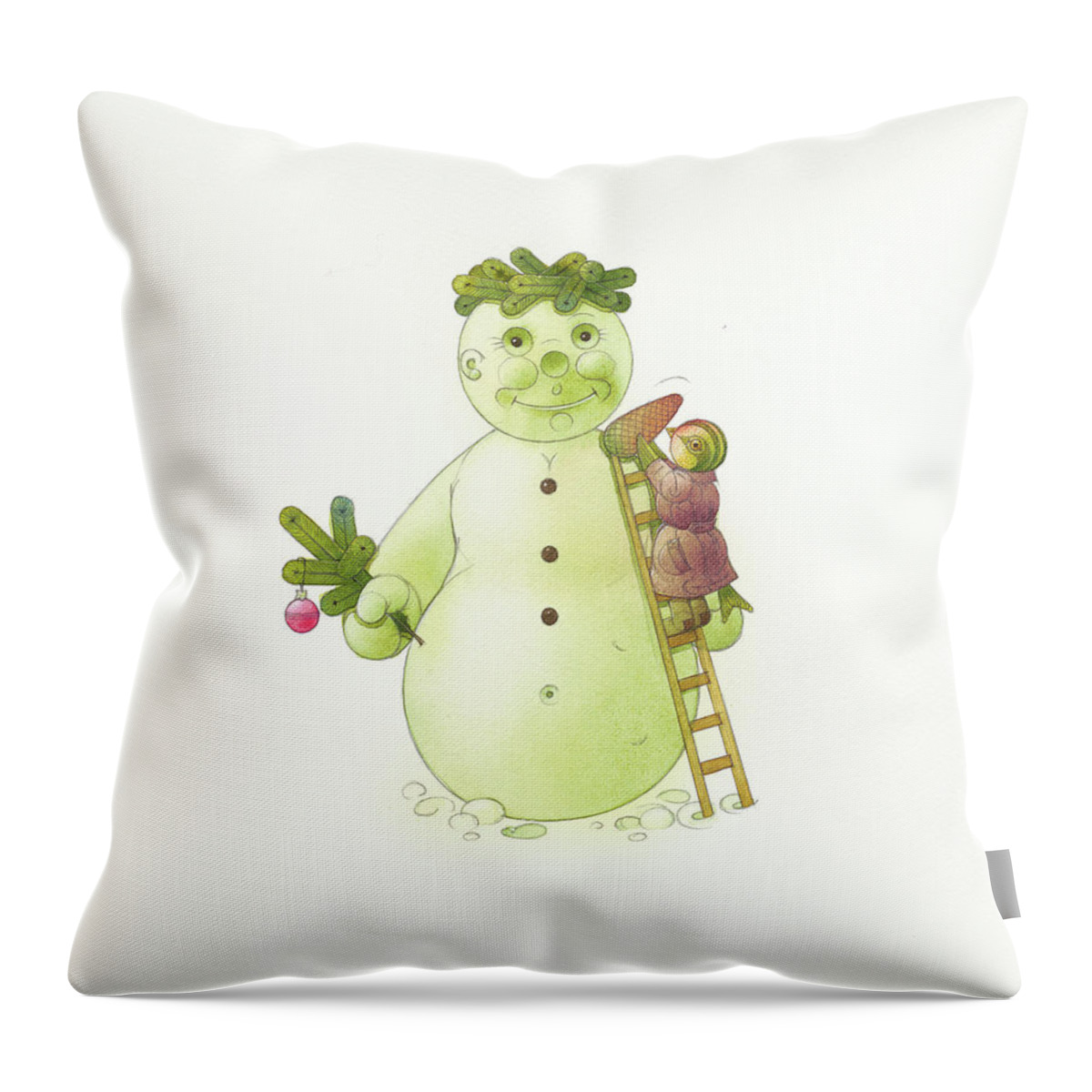 Snowman Winter Snow Bird Christmas Holydays Throw Pillow featuring the drawing Snowman and bird by Kestutis Kasparavicius