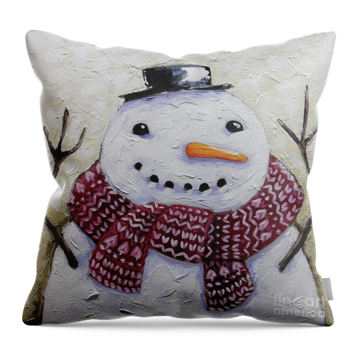 Snowman Painting Throw Pillow featuring the painting Snowman in the red scarf by Lucia Stewart