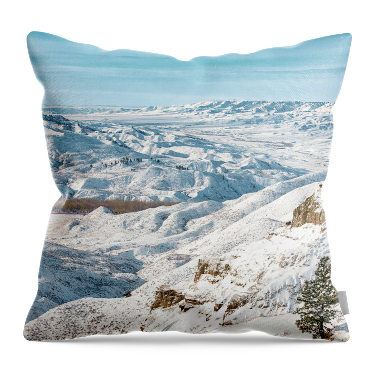A Winter's View Of The Snowy Landscape In The Judith River Breaks Near Winifred Throw Pillow featuring the photograph Snowy Breaks by Todd Klassy