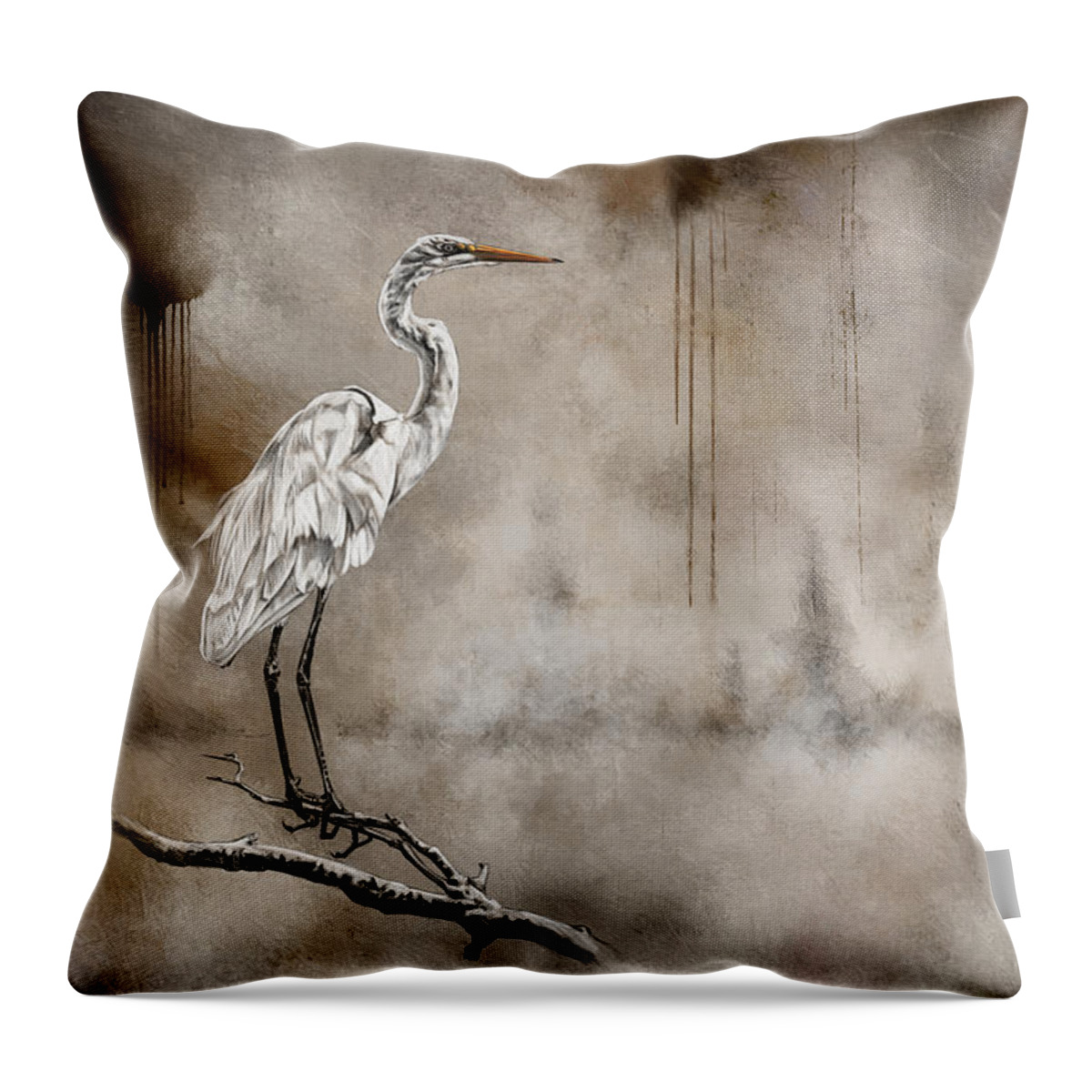 Abstract Throw Pillow featuring the digital art Snowy Egret on a Branch by Shawn Conn