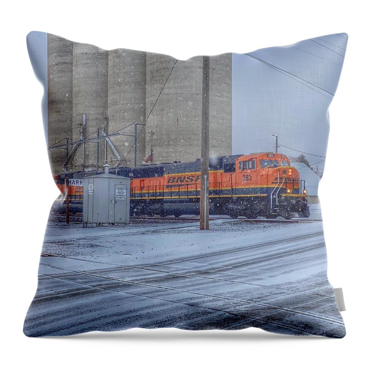 Snow Throw Pillow featuring the photograph Snowy Freight Train by Jerry Abbott