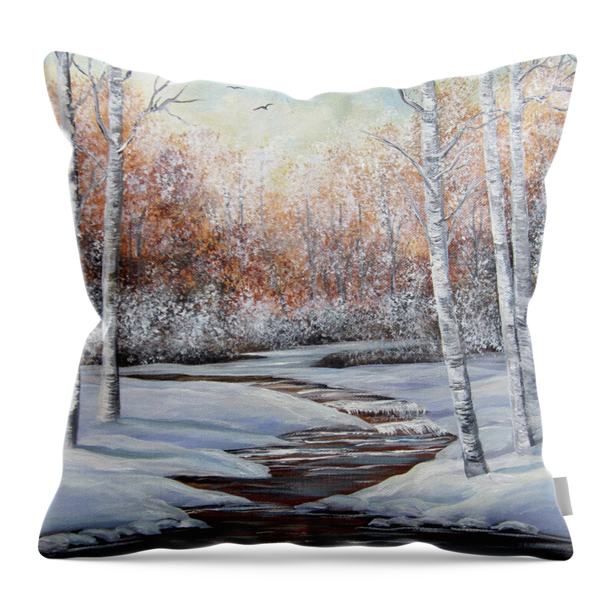 Acrylic Painting Throw Pillow featuring the painting Snowy Interlude by Linda Goodman
