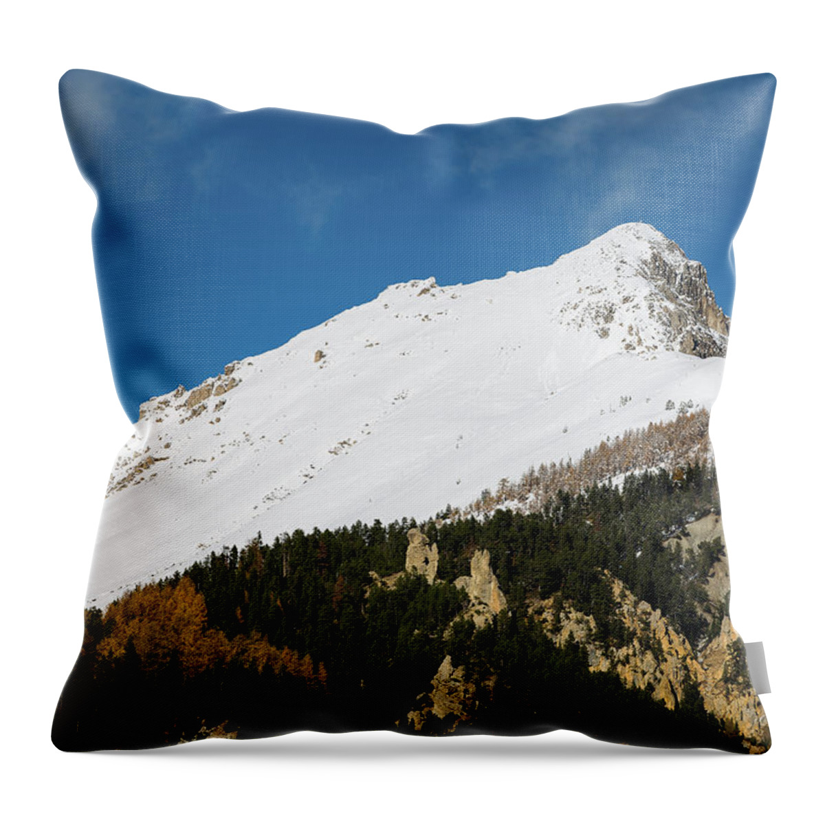 Snowy Landscape Throw Pillow featuring the photograph Snowy Mountains - 16 - French Alps by Paul MAURICE