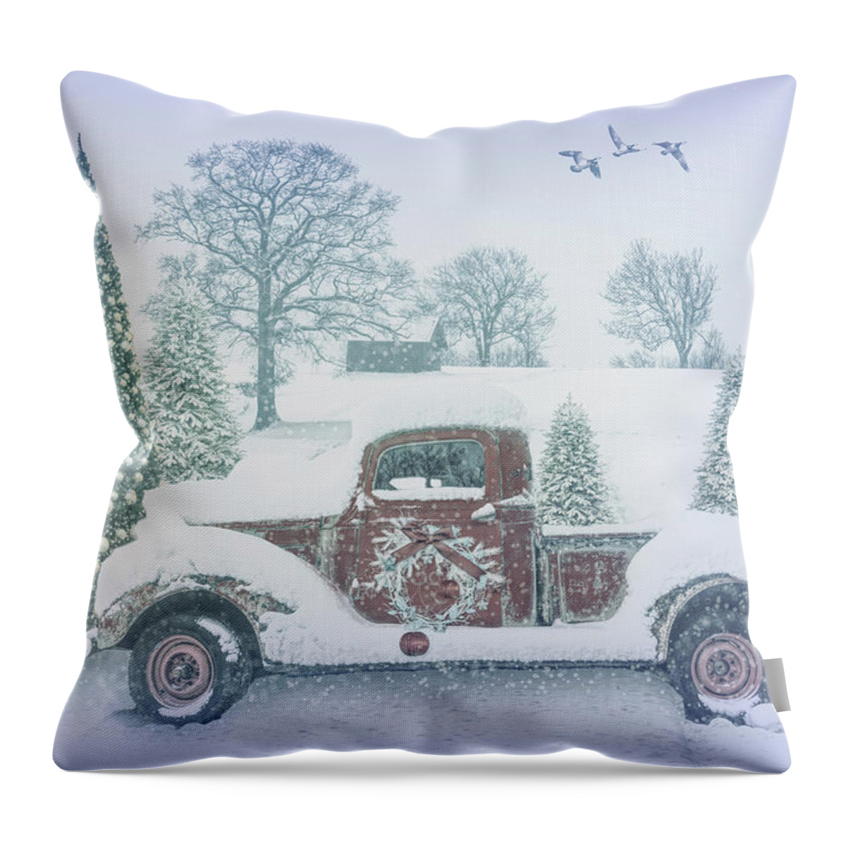 Christmas Throw Pillow featuring the photograph Snowy Pale Red Truck by Debra and Dave Vanderlaan